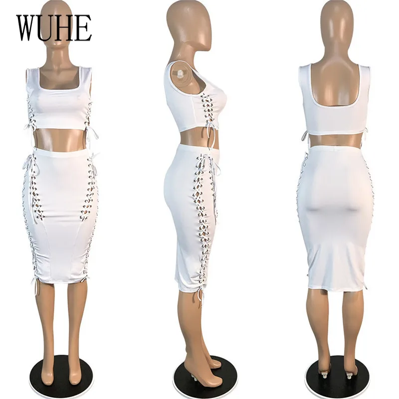 

WUHE Summer Casual 2 Piece Suits Cross Lace Up Bandage Square Collar Sleeveless Tanks Top Slim Skirts Nightclub Party Outfits