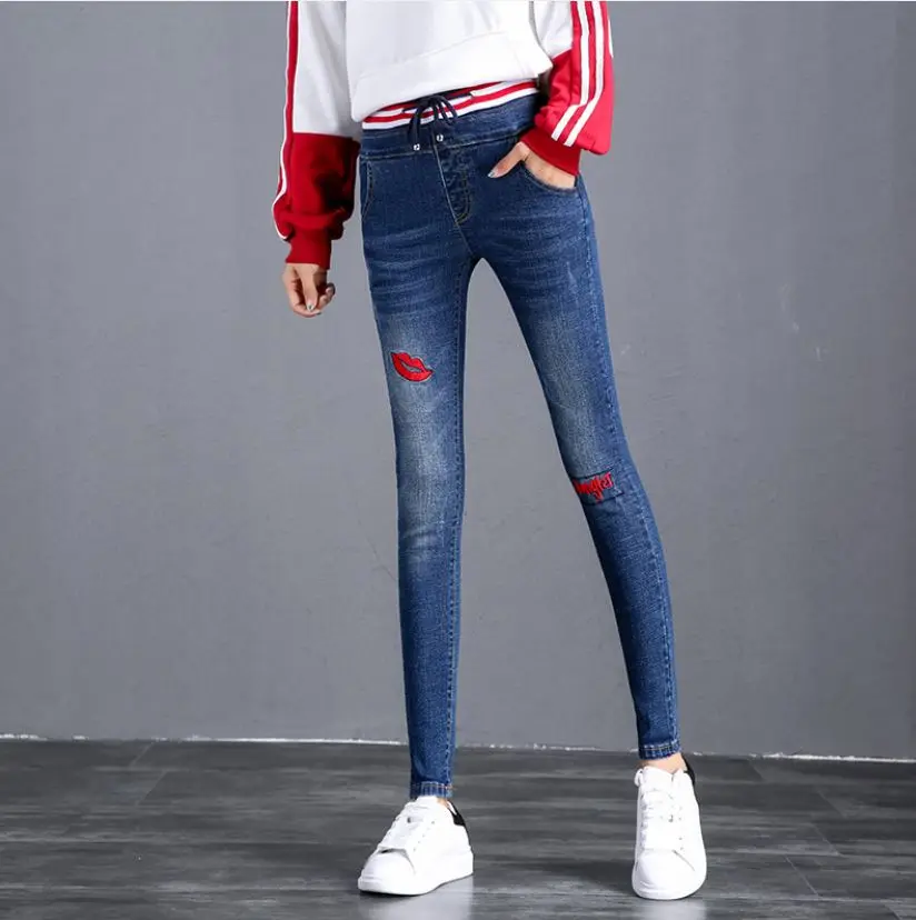 2016 Новый губ джинсовые рваные брюки стиля гранж с эластичной резинкой Женские