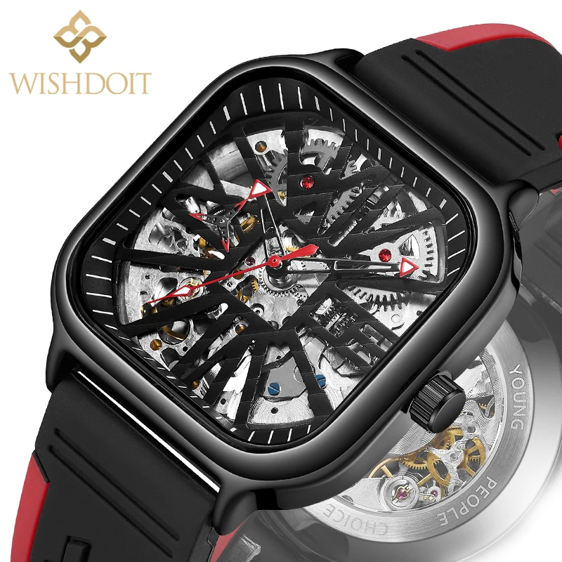 

2021 New Luxury Men's Watch Automatic Mechanical Watch Square Transparent Hollow Waterproof Rubber Band Top Brand Watch