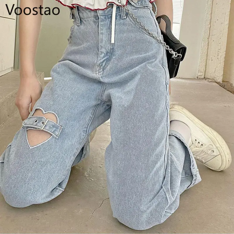 Милые синие джинсовые брюки с высокой талией женские шикарные широкие вырезами