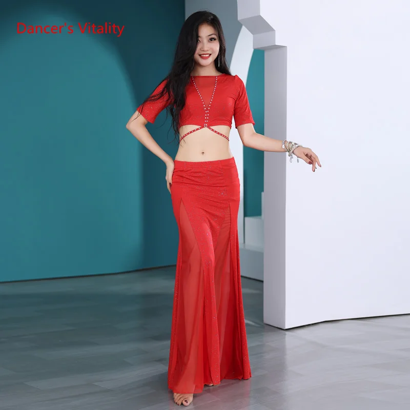 Women Proffesional Bellydance Costume Sexy Short Sleeves Top Long Skirt Exotic Dancewear Suit Girls Oriental Dance Outfit Cloth