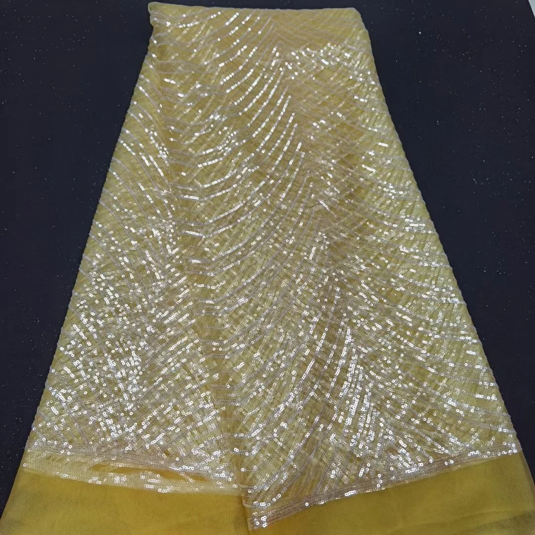 

Африканская кружевная ткань с блестками, 5 ярдов, высокое качество, нигерийский тюль, кружевная ткань, желтая с блестками для шитья, «сделай ...
