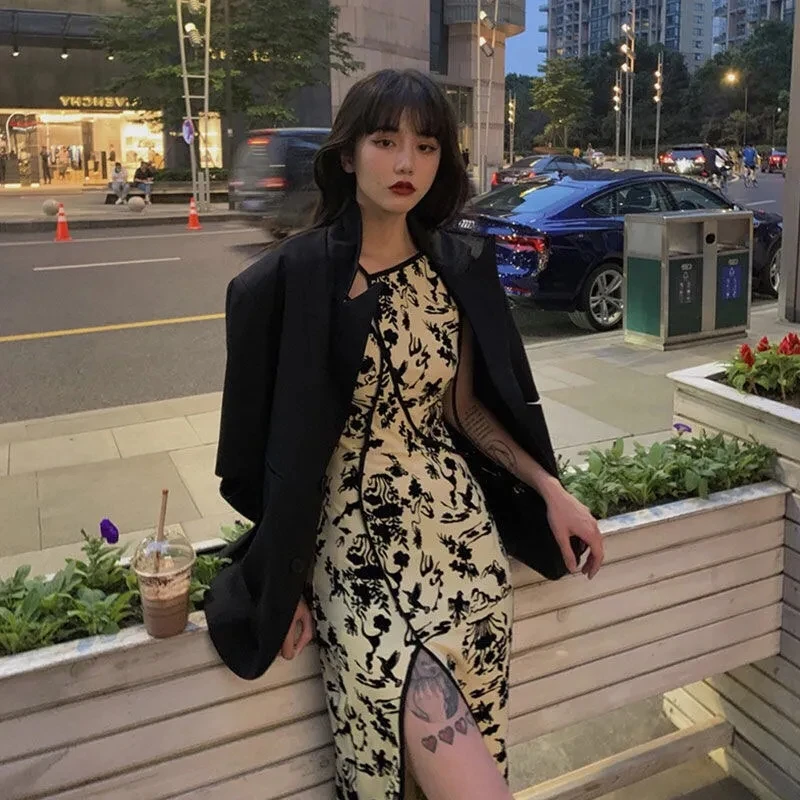 

2021 Spring Summer Sleeveless Split dress French niche strap Temperament Retro Print Sexy Dressees Robes Female Vestidos 327