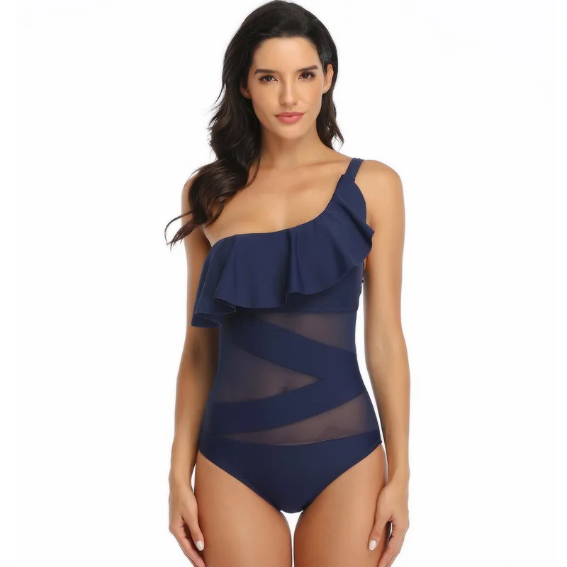 

Lace Swimsuit Women 2020 One Piece Ruffle Swimwear Removable Net Yarn One Shoulder Swimming Suit Push Up Swim Wear Monokini