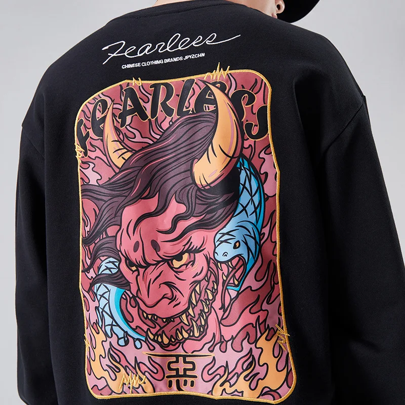 

Hip Hop Streetwear No Hooded Sweatshirts Harajuku Embroidery Devil Print Pullover Hoodies Women Men Fashion Hipster Casual Tops