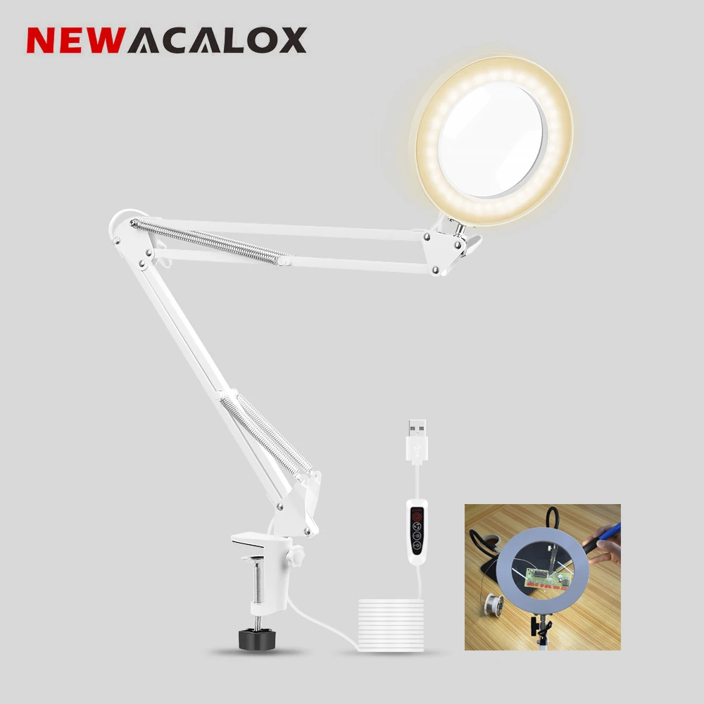 

NEWACALOX USB 5X White Folding Magnifier Table Clamp Soldering Third Hand Tool 3 Colors LED Illuminated Lamp Magnifying Glass