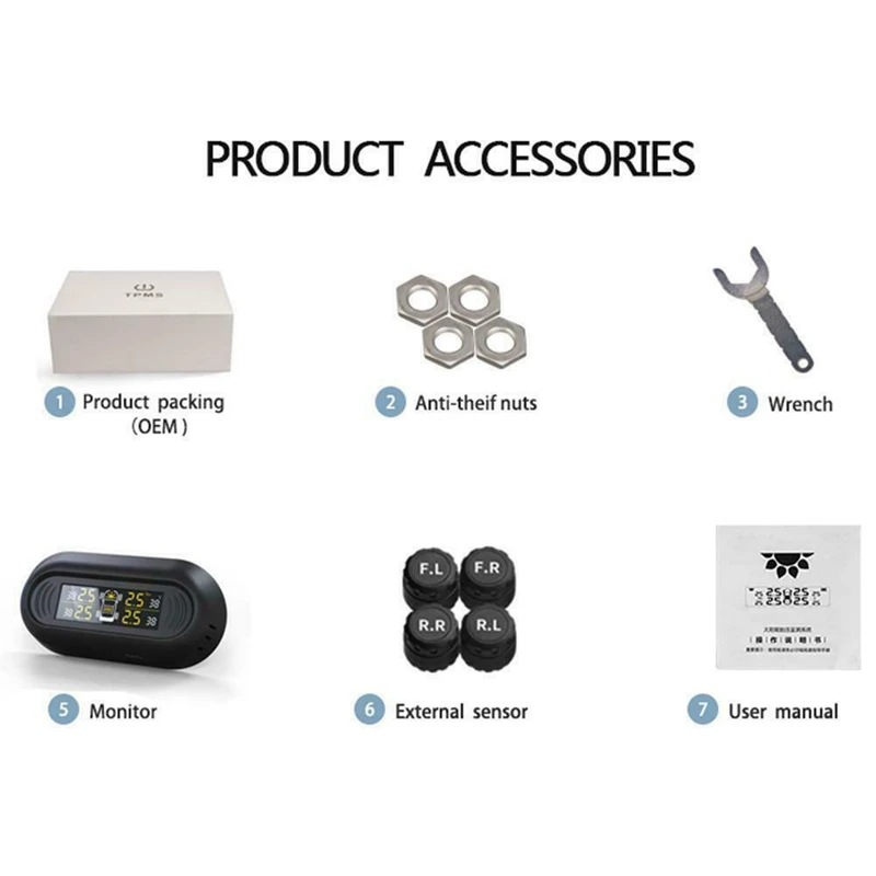 

Wireless Solar TPMS Car Windshield Tire Pressure Monitor System LCD Color Display with 4x External Sensors