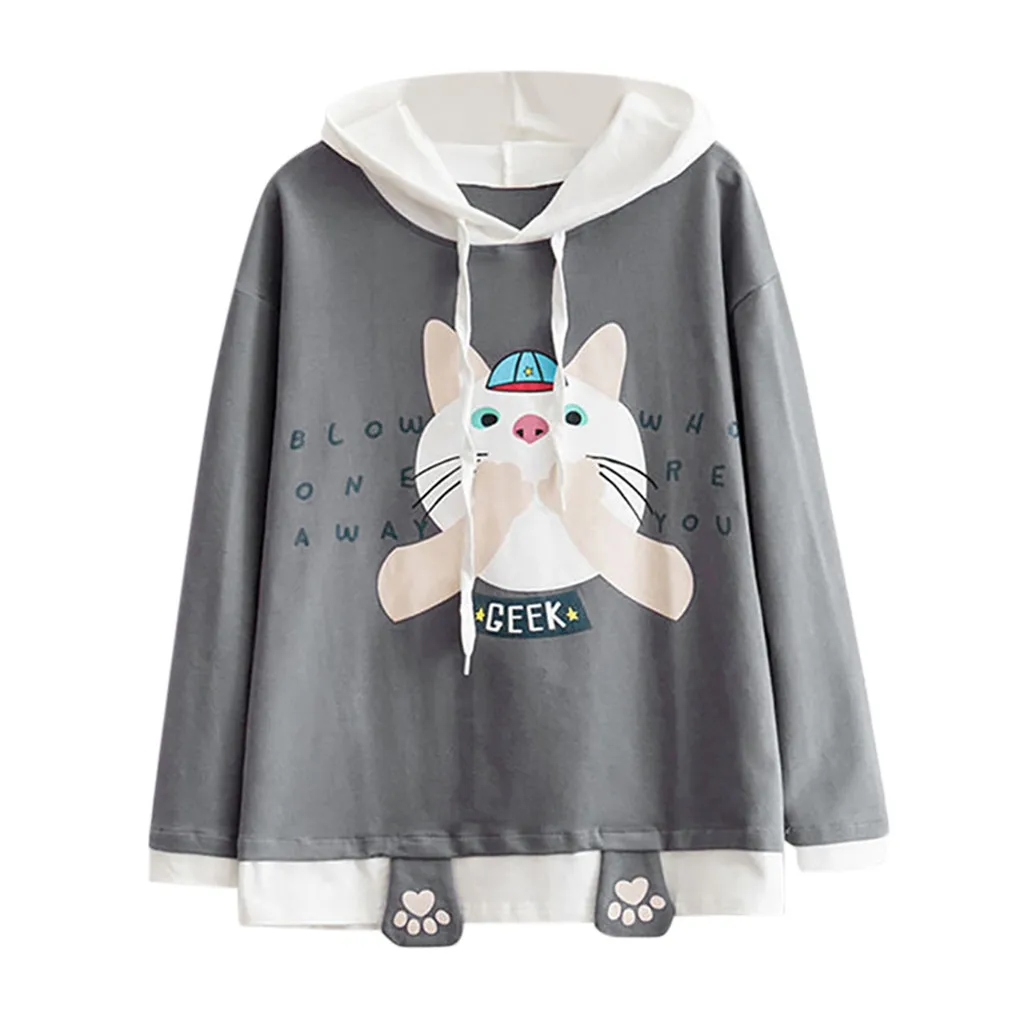 Женский свитер с капюшоном и принтом в виде кота из страуса популярный длинными