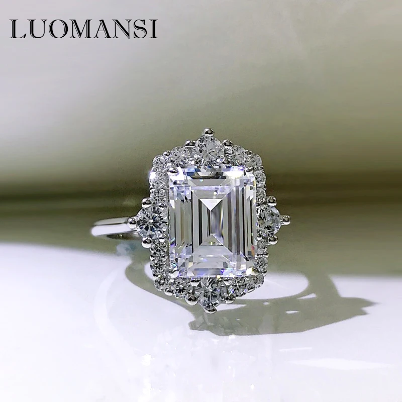 

Luomansi 8*10MM High Carbon Diamond Silver Ring 100%-S925 Jewelry Super Flash Wedding Cocktail Party Woman Gift