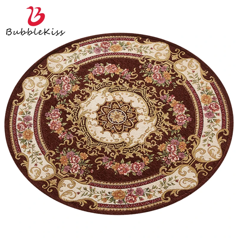 

Bubble Kiss Round Home Area Carpet Red Classic Floral Pattern Living Room Decoration Floor Non-Slip Rugs European Luxury Style