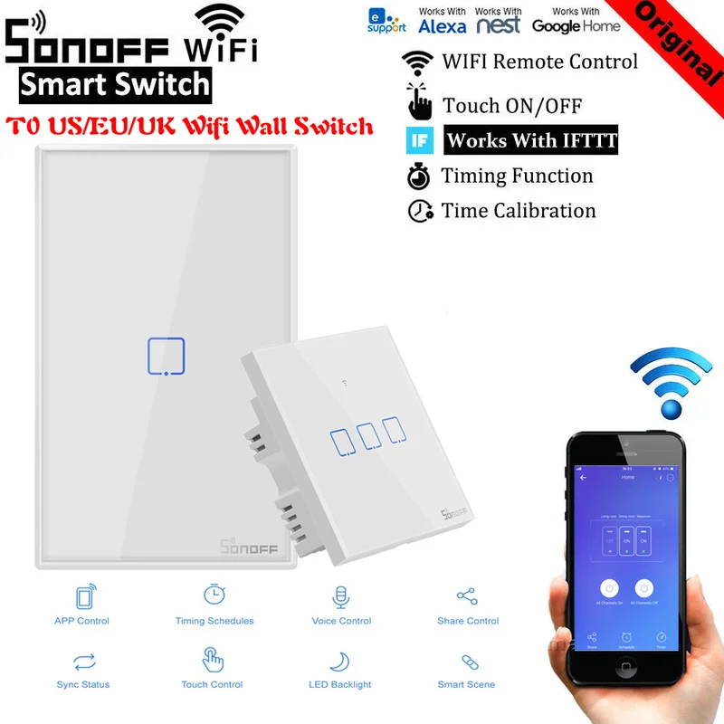 Интеллектуальный выключатель света SONOFF T0 US/EU/UK TX Wi-Fi Смарт настенный выключатель света базовый с таймером 1/2/3 голоса/приложение/сенсорный экран Управление с Alexa Google Home