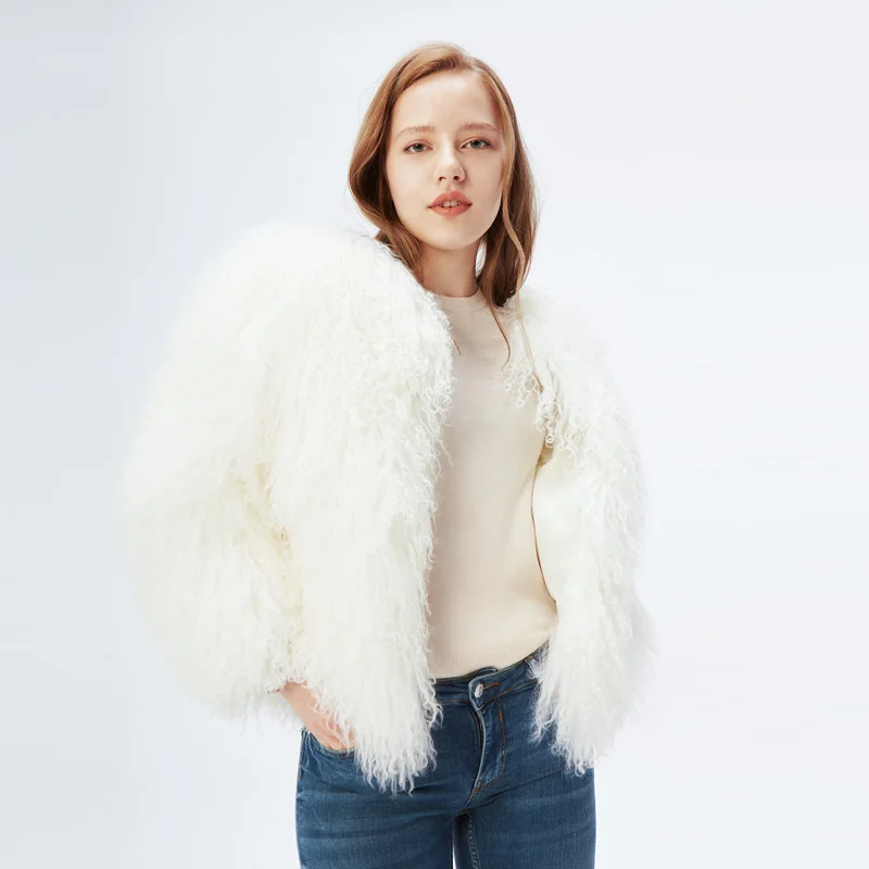 NEW Design Olivia's Womens Lamb Fur Coat Tan Sheep Fur Coats Short Sheep Skin Jacket 55cm Mongolia Sheep Fur In Real Fur Coat