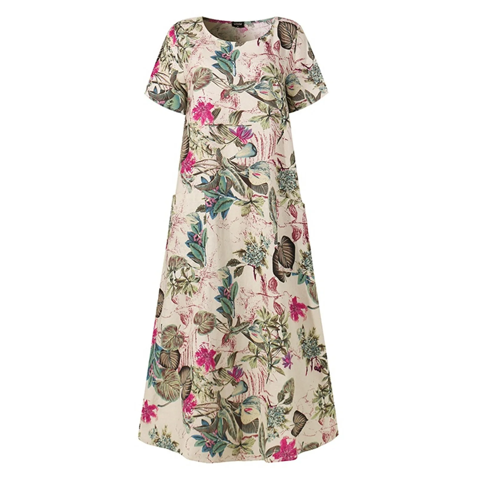 Женское длинное платье с круглым вырезом коротким рукавом и цветочным принтом |