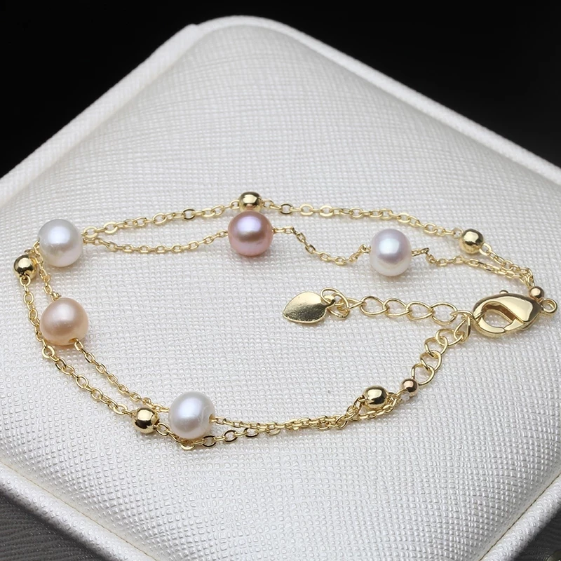 Multi Color Cultured Natural Freshwater Double Pearl Bracelet For Women, Trendy Bridal Bracelet Gold Plated Chain Birthday Gift