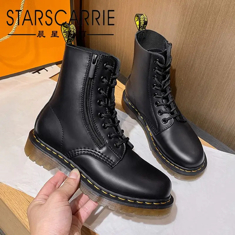 

2021 women's boots autumn and winter couple motorcycle boots flat low-heel British riding boots women's leather mid-tube