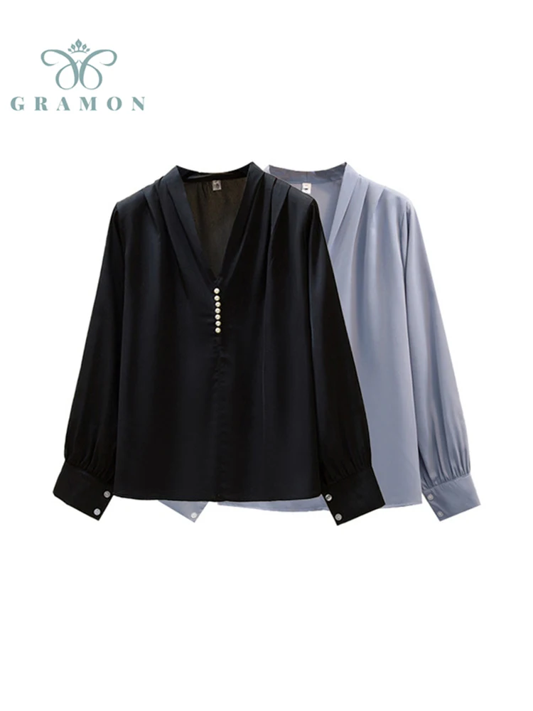 Женская шифоновая блузка с V-образным вырезом и длинным рукавом | одежда