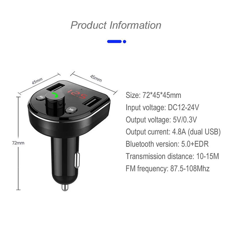 

Car Phone Charger for Mobile Phone Dual USB Car Charger Handsfree FM Transmitter Wireless Bluetooth 5.0 Car Kit LCD MP3 Player