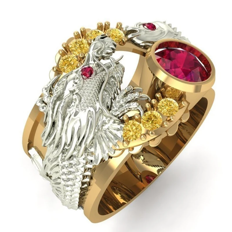 

Retro Punk Dragon Fish Rings for Women Personality Two-tone Ladies Red Zircon Wedding Finger Ring Mens Fashion Jewelry