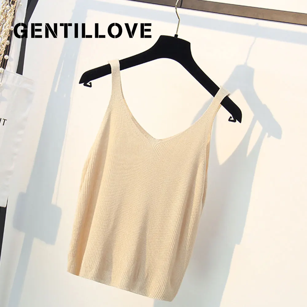 

Gentillove Casual Basic Loose Sleeveless Ladies Knitted Solid Tank Tops V-Neck Women Summer Camisole Vest Sexy Strappy Tee