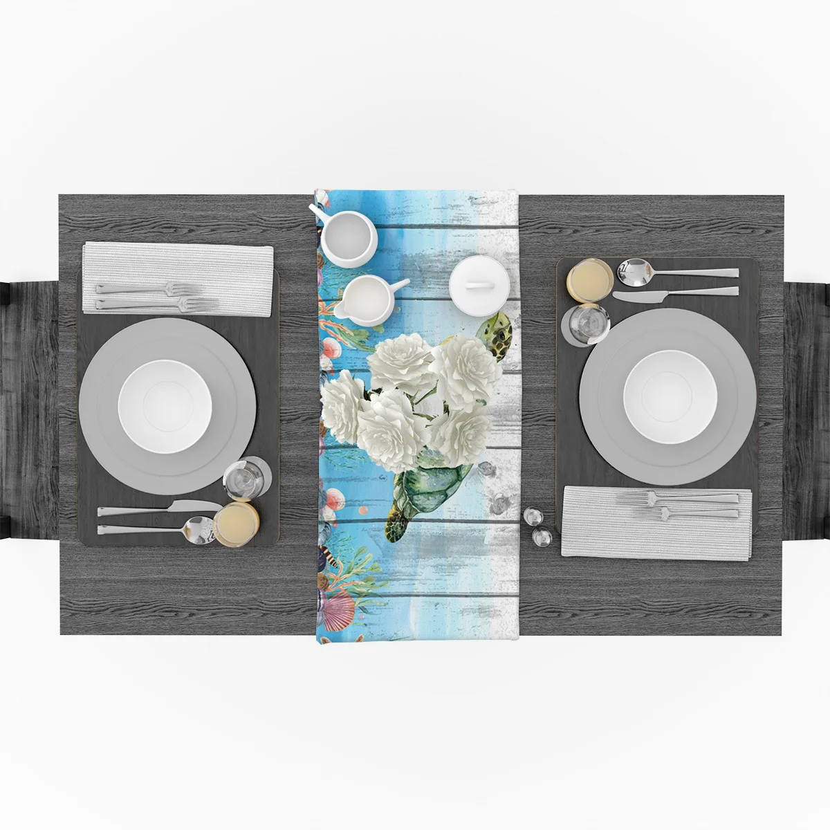 Ocean Turtle Coral Starfish Wood Grain Hotel Family Dinner Table Flag Kitchen Decoration Runner | Дом и сад