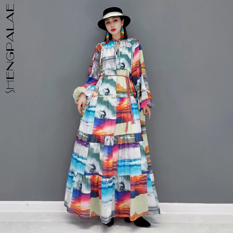 

SHENGPALAE Fashion Printed Derss Women's Autumn 2021 New Round Neck Loose Long Sleeve Lace Up Waist Mid-calf Dresses Female