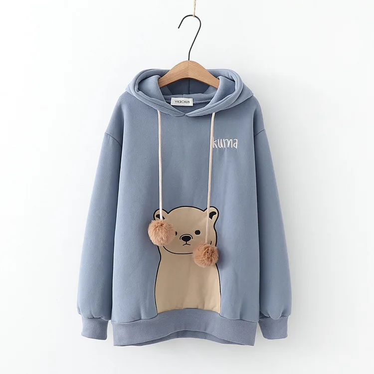 Синий Merry Pretty женские толстовки с капюшоном Harajuku мультфильм Медведь Вышивка толстовки толстый свитшот с ушками на капюшоне спортивный костюм - Цвет: Синий