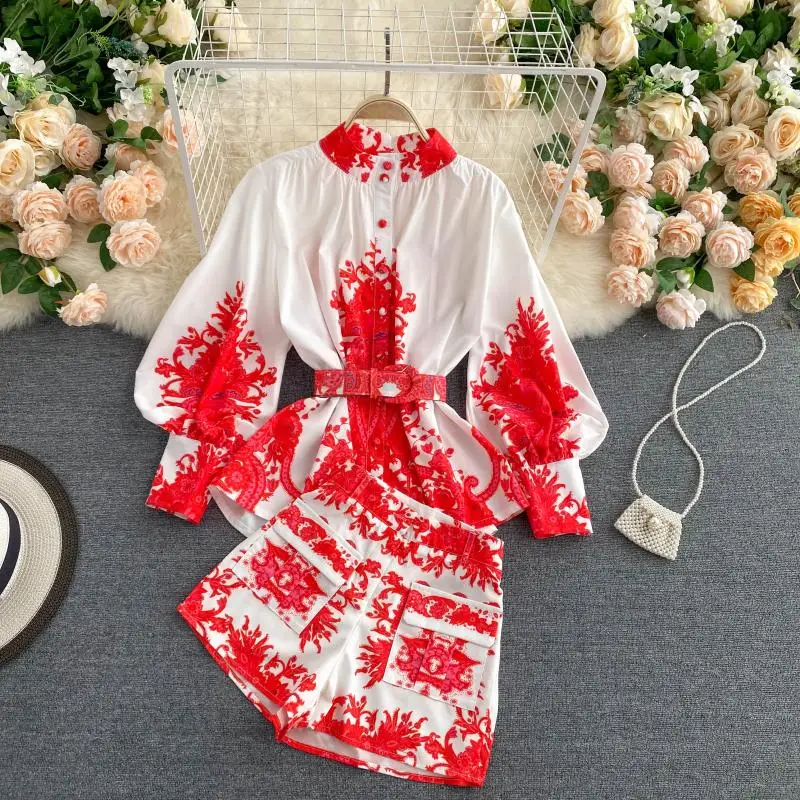 DEAT 2021 Autumn Women New Style Stand Collar Puff Long Sleeve Print Pattern Shirt Wide Leg Shorts Vintage Two Pice Set RD548 |