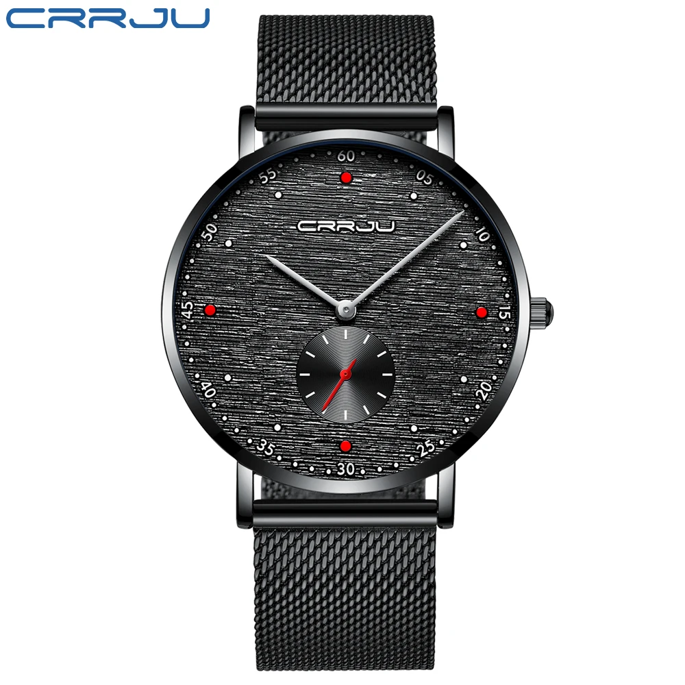 Black CRRJU Watch Men Fashion Business Watches Men's Casual Waterproof Quartz Wristwatch Blue Steel Clock Relogio Masculino - Color: Black