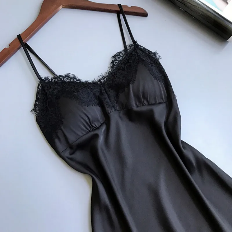 X 2019 Women's Sexy Temptation V-Neck Sling Lace Solid Nightgowns Cool Thin Sleepwear A-Line Above Knee Nightdress M-XL | Женская