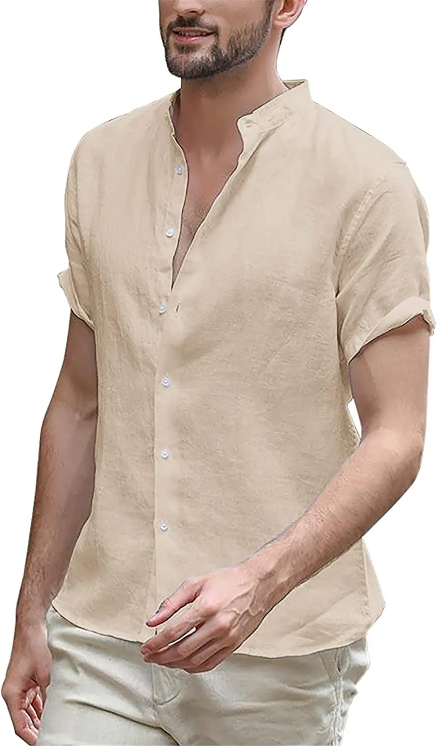 

Mens Casual Cotton Shirt Long Sleeve Band Collar Henley Shirt Tops