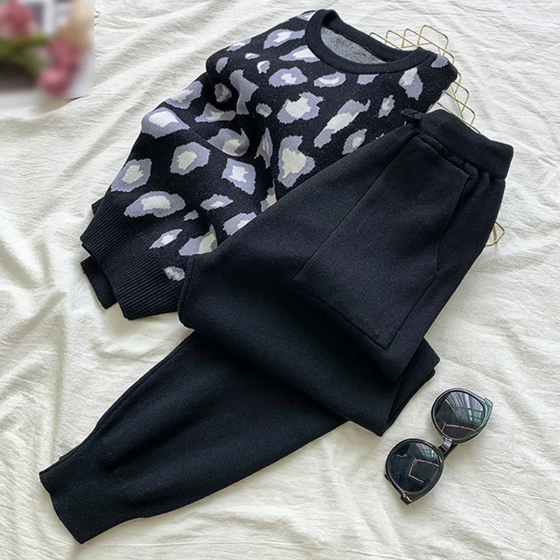 

Women Knit Leopard Pullover Sweaters+Pants Sets Women Fashion Jumpers Trousers 2 pieces Costumes Outfit