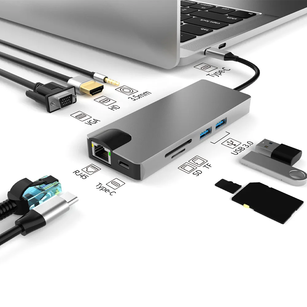 

9 in 1 USB C HUB Type C HUB with 2 USB 3.0 Port USB C PD HDMI-Compatible TF SD Card VGA JR45 3.5MM Audio Slot for Laptop Phone