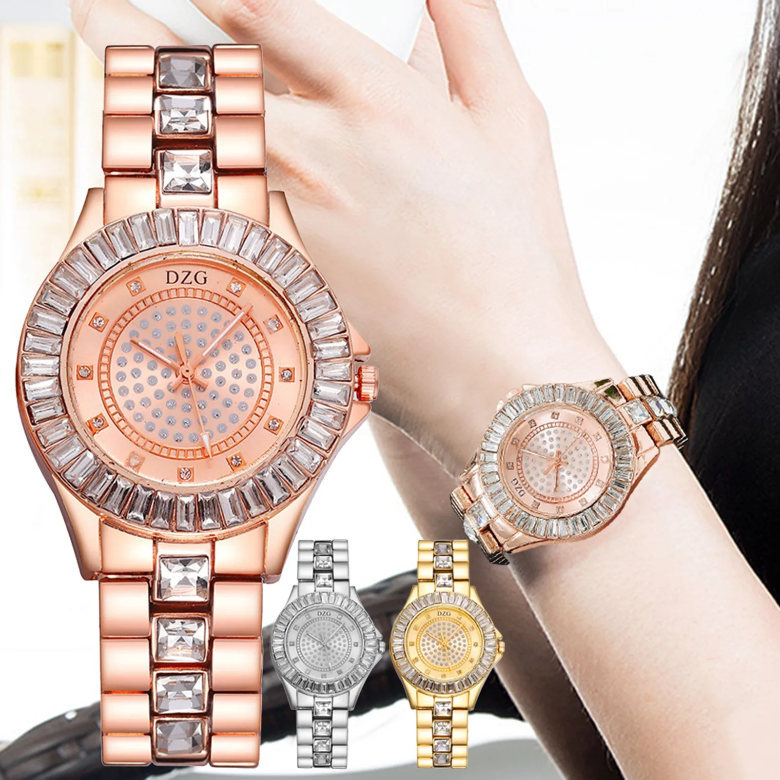 

DZG женские Роскошные Кварцевые часы женские стальные полосы Стразы полностью алмазные аналоговые мерцающие женские наручные часы-браслет