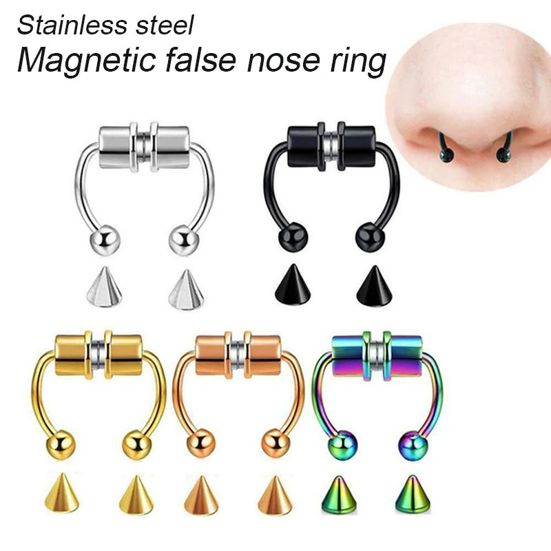 

Hot Magnetic Fake Nose Ring Stainless Steel Faux False Nose Ring Non-Pierced Clips on Nose Hoop Rings Rust-proof No Fading