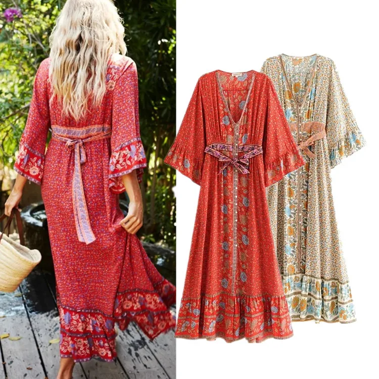 Женское пляжное платье макси в богемном стиле с рукавом 3/4 поясом и пуговицами