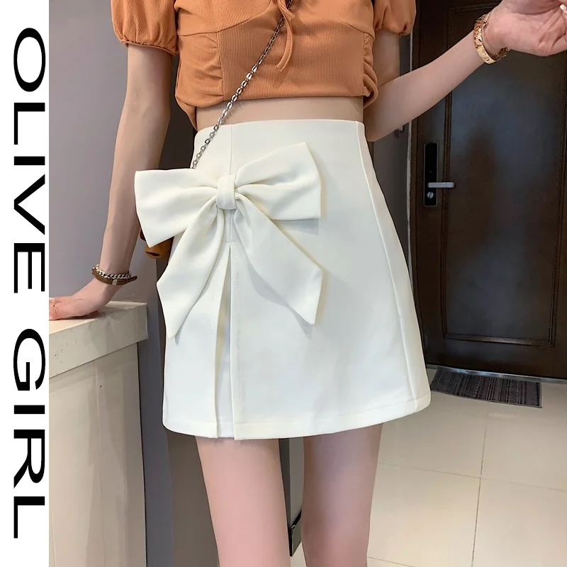 

Girl Chic Summer New Bow Skirts Women Korean Fashion Solid A-Line Black Mini Skirt Office Lady 2021 Short Skirt White