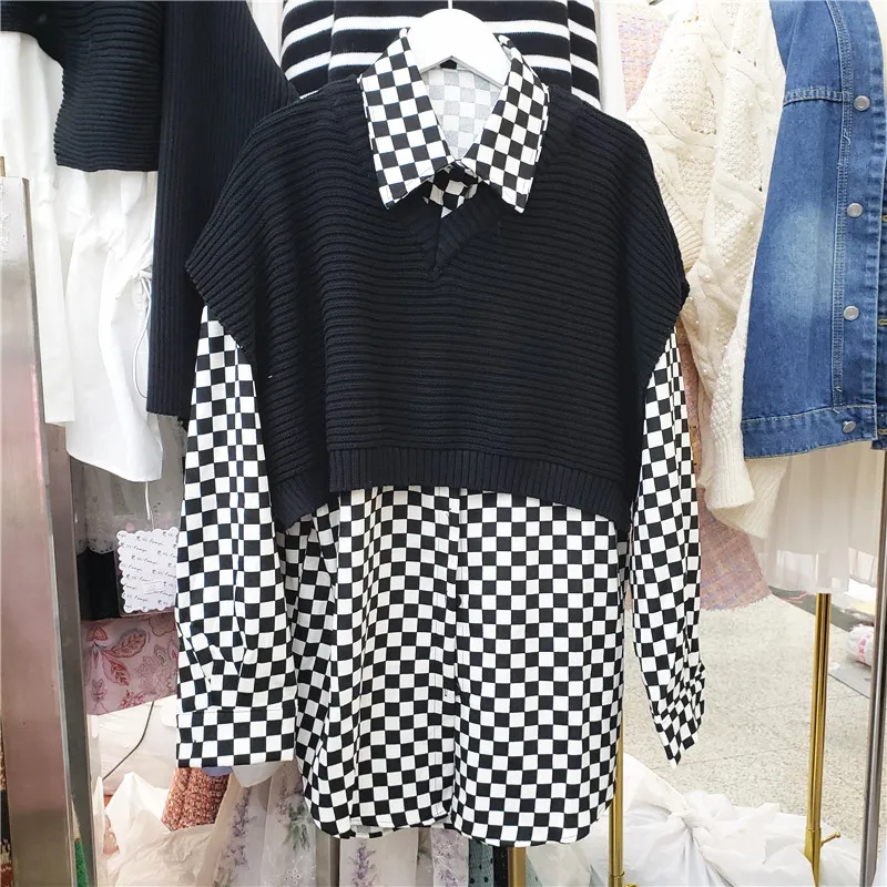 

SuperAen Autumn New Design Loose Casual Black and White Plaid Turn Down Collar Full Shirt Women Tops