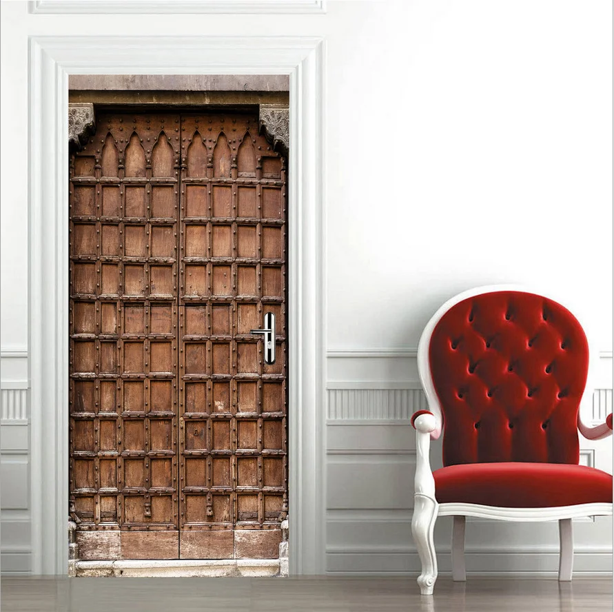 

3D Wallpaper For Door Sticker Self-adhesive Retro Wooden Board Print PVC Mural Paper Poster Home Door Decor Decal Stickers Porte