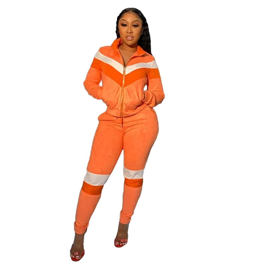 

European and American women's thickened gold brick velvet color block stitching two-piece leisure sports