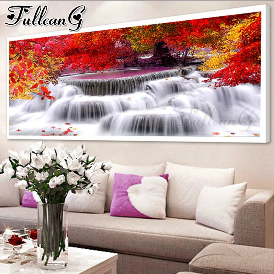 

FULLCANG Red forest scenery waterfall large diamond painting 5d diy full square round drill mosaic embroidery sale decor FC2826