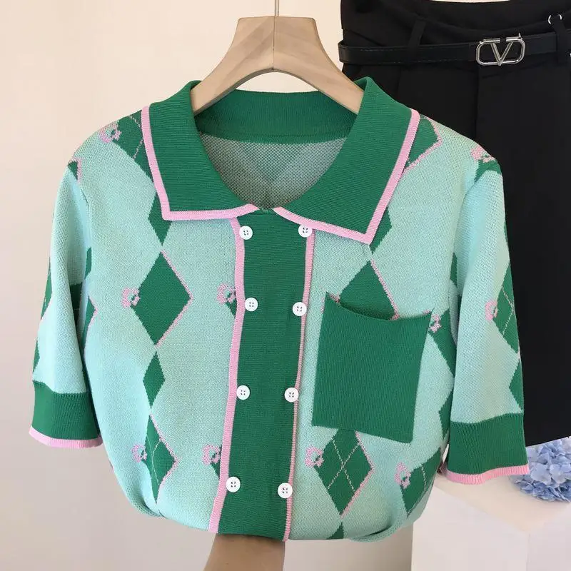 

Summer new thin sweater short sleeve jacket polo collar contrast color
