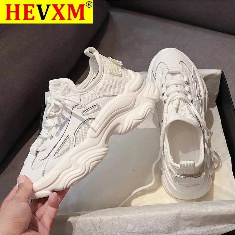 

Women Fashion Platform Sneakers Lacing Chunky Casual Shoes Mesh Sport Black Vulcanized Shoes 2020 Designers Woman Trainers White