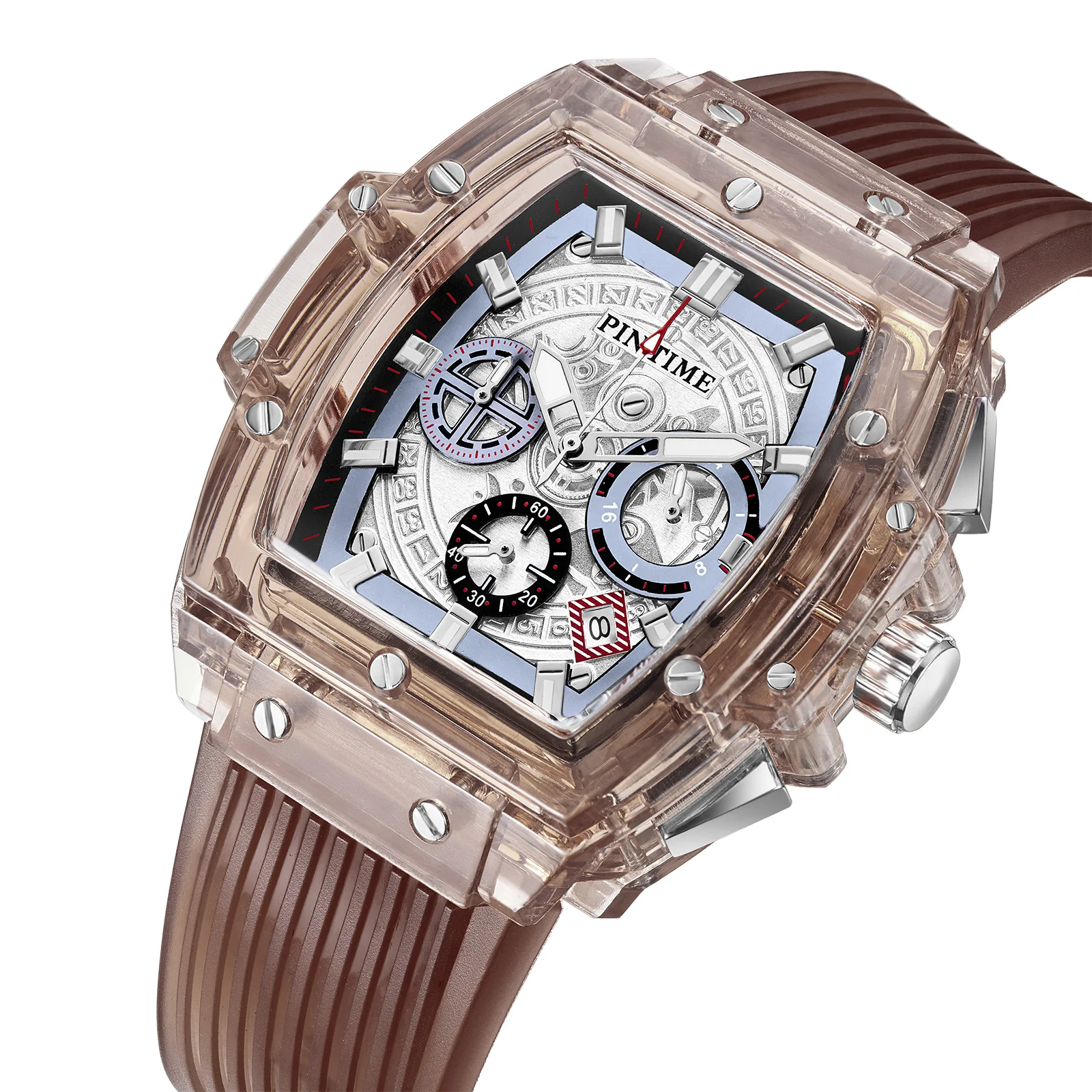 Мужские спортивные часы PINTIME Модные прозрачные с большим лицом военные для