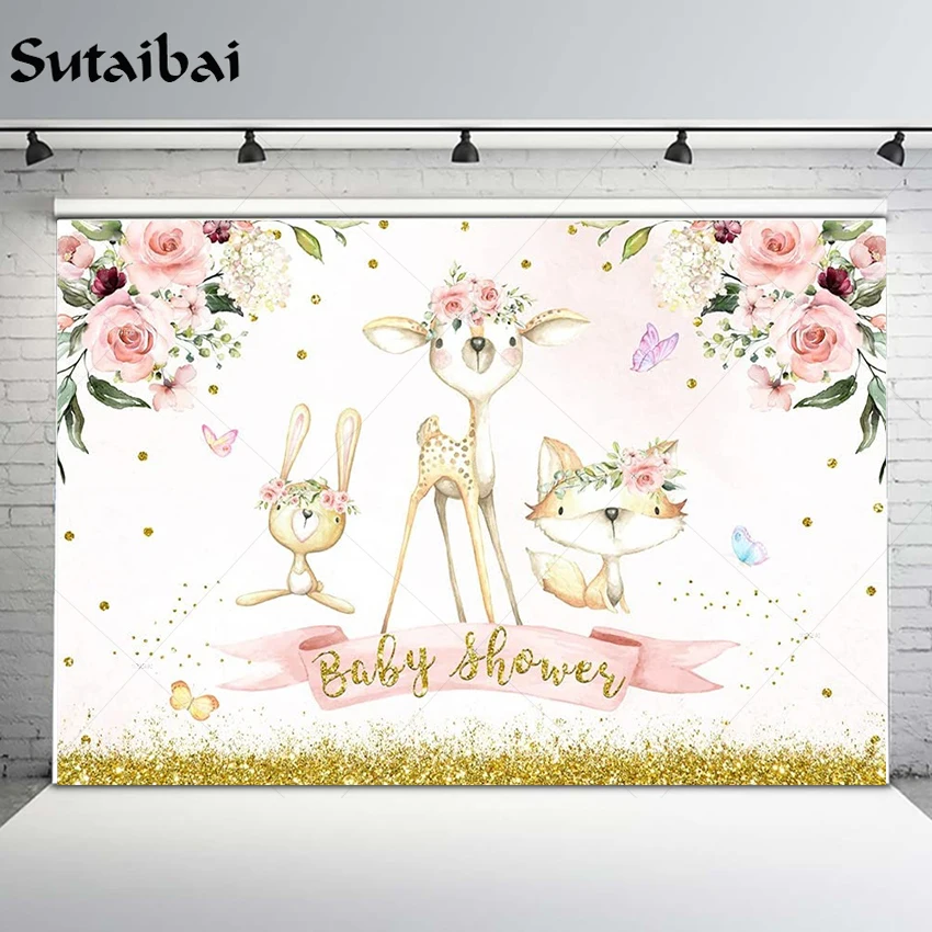 

Фон для фотосъемки с изображением детского дня рождения девочки с изображением пола о ребенке с золотыми блестками цветочный олень кролик ...