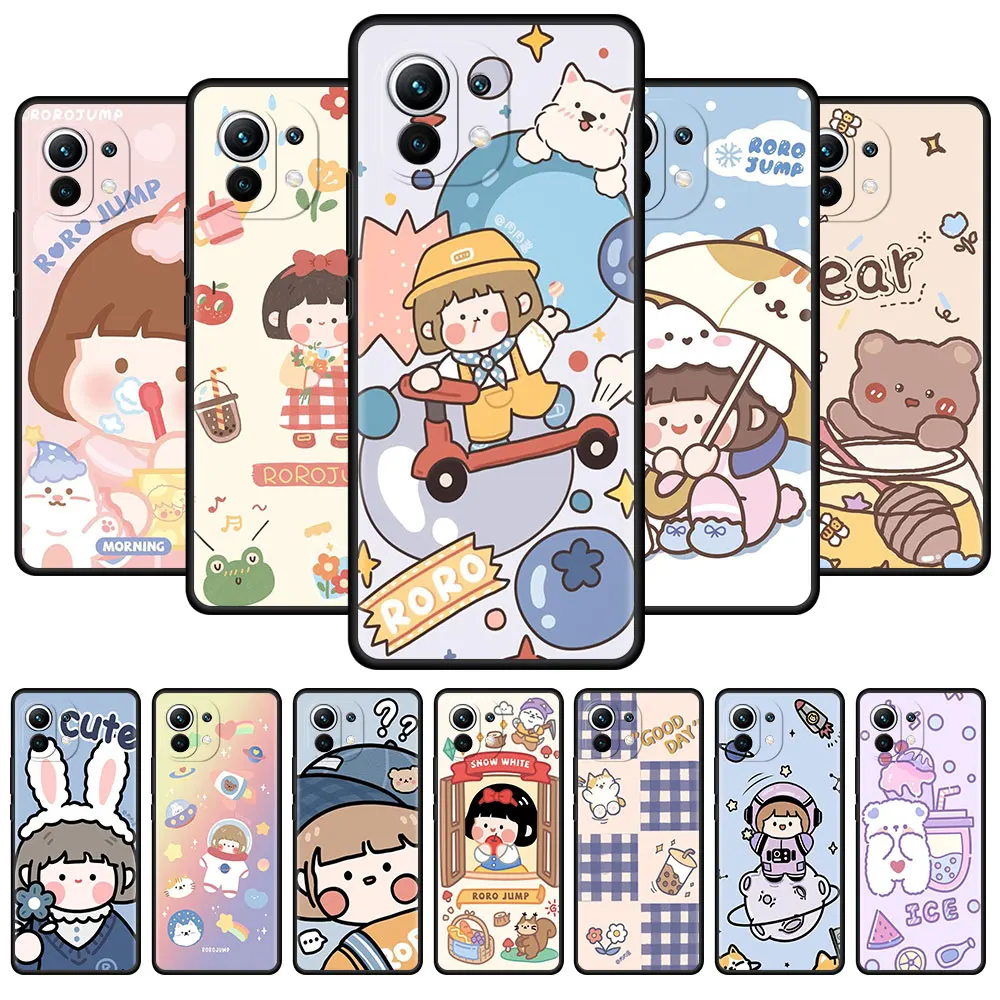 

Case for Xiaomi Mi 11 Ultra 10T Pro Note 10 9T 11T A2 9 SE CC9 CC9E 8 Lite 10S Black Soft Phone Cover Cute Cartoon Girl Luxury