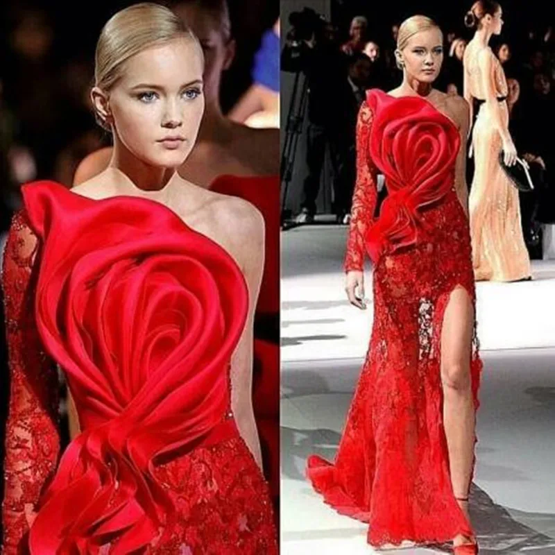 

Arabic Evening Gowns Lace Ruffles Formal Dresses Long Prom Gowns Red One Shoulder abiye Bling Formal Dress Sexy Abendkleider