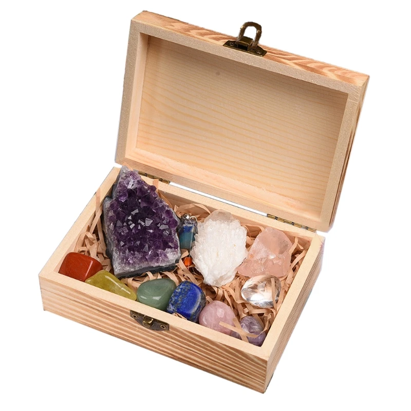 

11Pcs Crystals and Healing Stones Kit With Wood Box 7 Raw Chakra Pendulum Amethyst Rose Quartz Natural Gemstones Kit