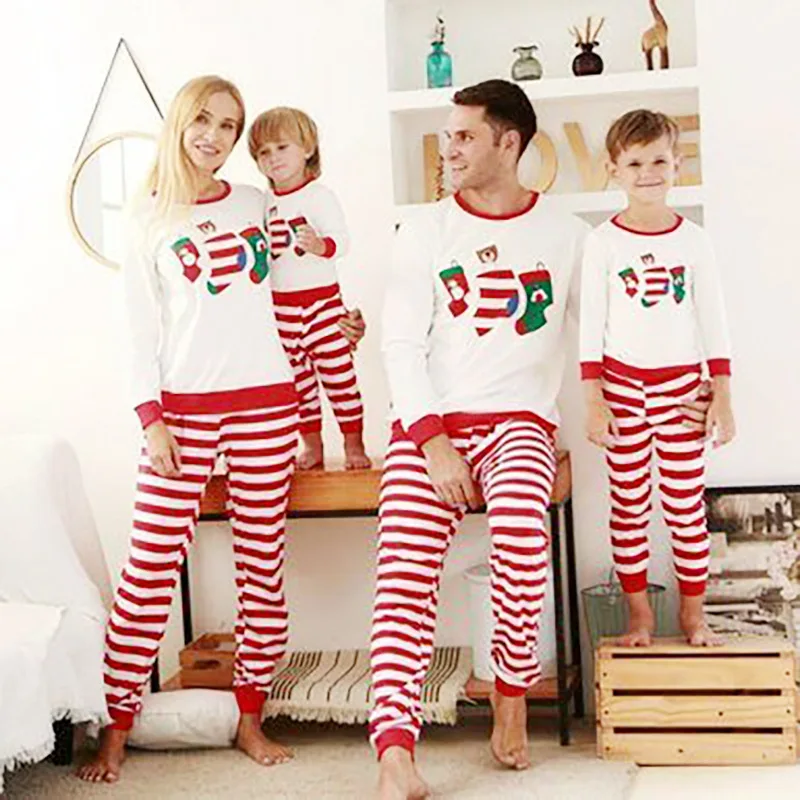 

New Christmas Family Matching Pajamas Set Adult Kid Family Matching Clothes Top +Striped Pants Xmas Sleepwear Pj's Sets CL667