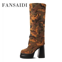 fansaidi winter square toe high heels consice clear heels boots waterproof chunky heels ladies boots knee high boots new 40