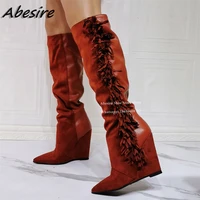 abesire long boots fringe splicing wedges high heel solid slip on pointed toe knee high new autumn winter big size women shoes